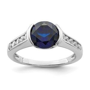 925 Sterling Silver Rhodium-plated Synthetic Blue Sapphire and CZ Bezel Ring (8)